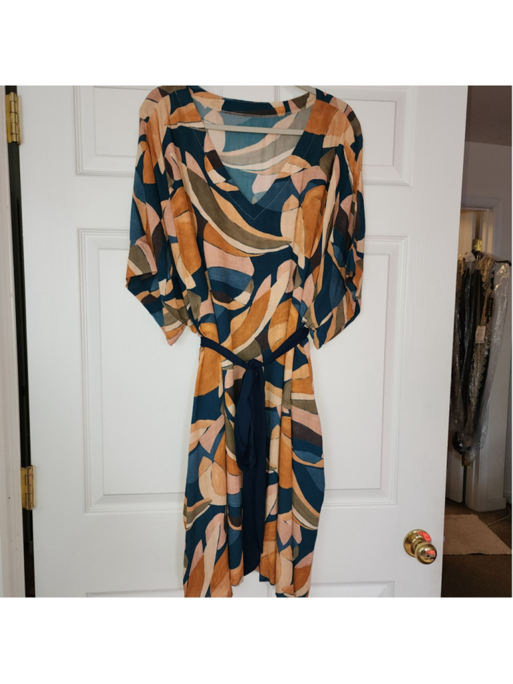 Noonday Collection shift dress, 
Orange Teal Blue Abstract Print Midi